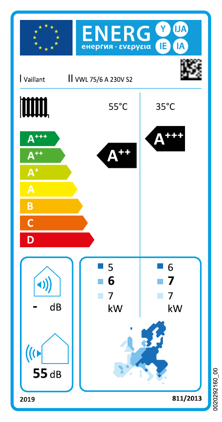 Energimærke for Vaillant aroTHERM plus 6 og 7 kW