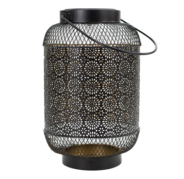 Solcelle lanterne i cylinderformet orientalsk design, sortmalet med gylden inderside. CB739838
