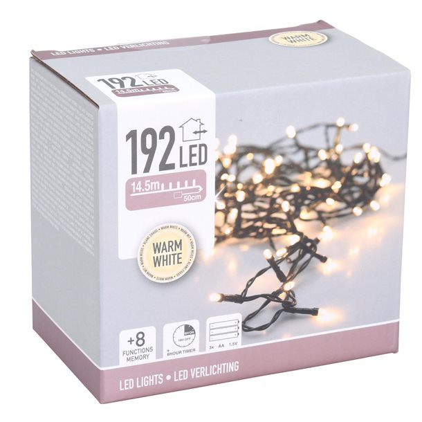 Batteridrevet lyskæde på 15 meter og 192 LED\'er - 8 forskellige lysfunktioner og timer i varm hvid AX8415230  