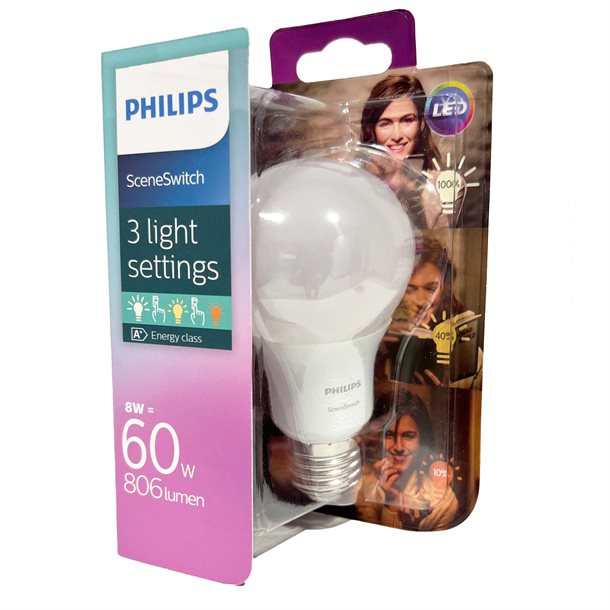 Philips Sceneswitch 3-trin dæmpbar LED pære E27 8 watt med 806 lumen (svare til 60W) 322263835153