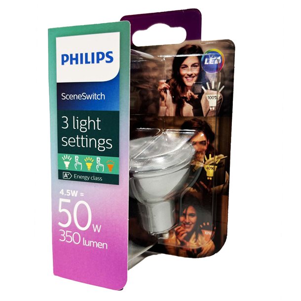 Philips Sceneswitch 3-trin dæmpbar LED pære GU10 4,5 watt med 350 lumen (svare til 50W) 322263840041