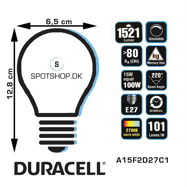 Duracell® - Dæmpbar LED pære med E27 fatning med 1521 lumen - (svarer til 100 W) #A15F2D27C1  