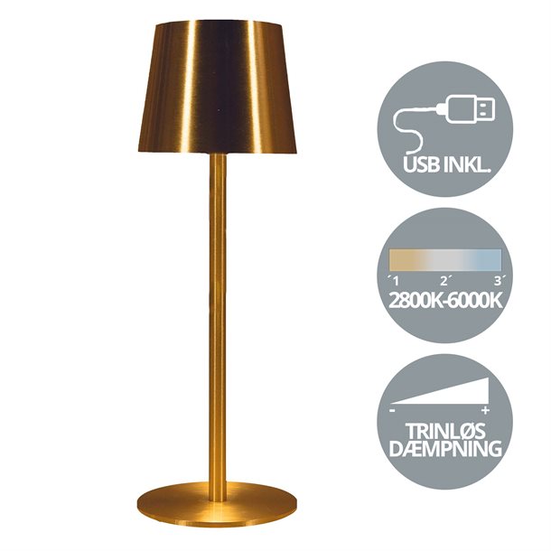 Genopladelig bordlampe med kelvin-skift, trinløst dæmpning, 36,5 cm høj, i Guld / Messing farve - IP44CB218497