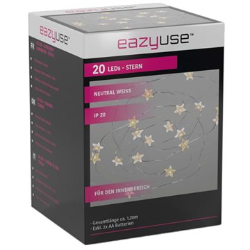Indendørs batteridrevet lyskæde med 20 LED stjerner i farven varm hvid - 2,20 meter