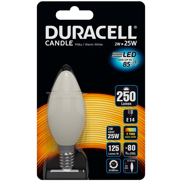 Billede af UDSALG - Duracell ® LED-filament - hvid kertepære E14 250 lumen - Indendørsbelysning > Pærer - DURACELL - Spotshop