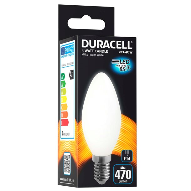 Duracell® LED filament - hvid kerte pære E14 med 470 lumen - (svarer til 40W) #FC47M2N14C1  