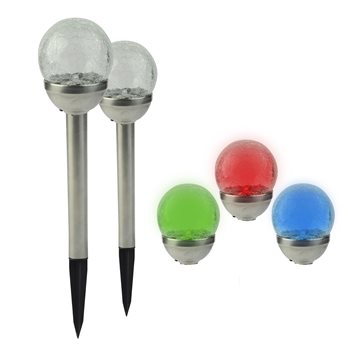 2 stk dekorative solcellelamper, i rustfrit stål og med RGB-farveskiftene krakeleret glaskugle . #GL060S2EZ  