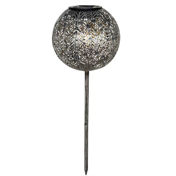Billede af Kugleformet solcellelampe i antik sølvfarvet metal med ornamentalsk mønster - "Bola" - Udendørsbelysning > Solcellelamper > Dekorationsbelysning - eZsolar - Spotshop