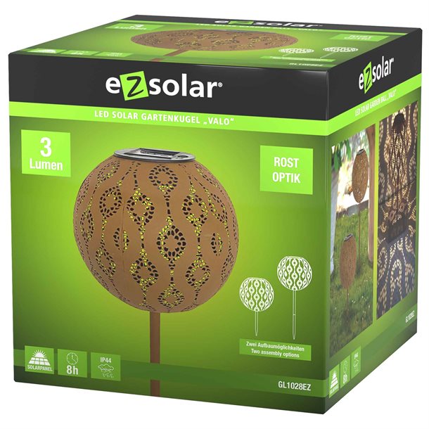 Kugleformet solcellelampe i rustfarvet metal med ornamentalsk mønster – "Valo"  GL1028EZ  