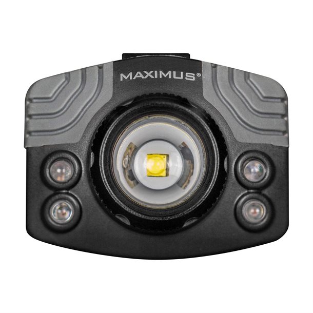 Billede af MAXIMUS Pandelampe 400 lumen med fokuslinse, flash funktion og rødt og blåt frontlys