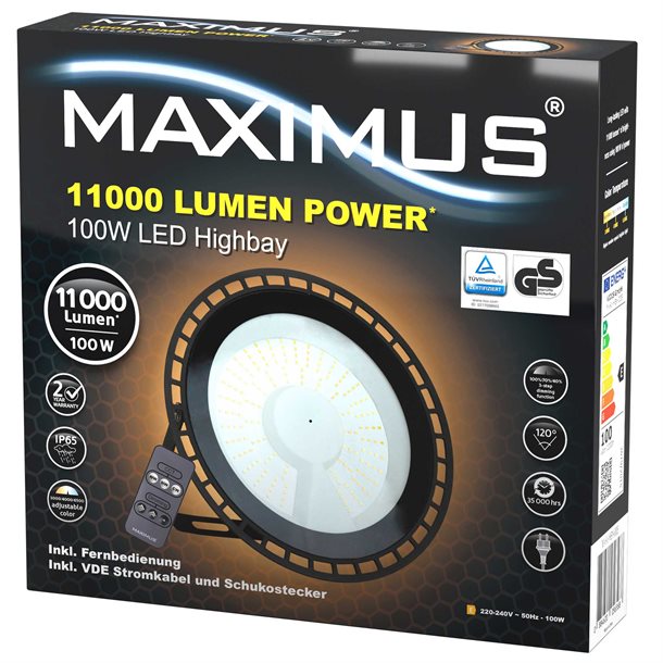 Maximus LED High Bay 100W IP65 industrilampe med fjernbetjening, lysdæmper og kelvinskift M-HV-HBY-005