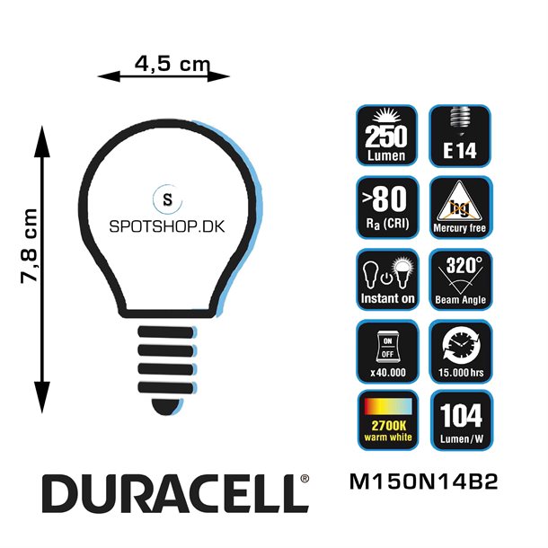 Duracell® LED filament - 2 stk. kronepære med E14 fatning på 250 lumen (svarer til 25W) #M150N14B2  