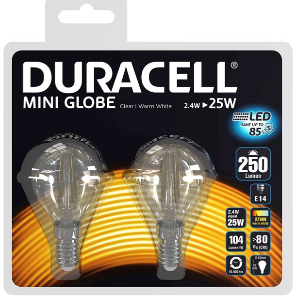 DuracellÂ® LED-filament - 2 stk. kronepære med E14 fatning 250 lumen - Indendørsbelysning > Pærer - DURACELL - Spotshop