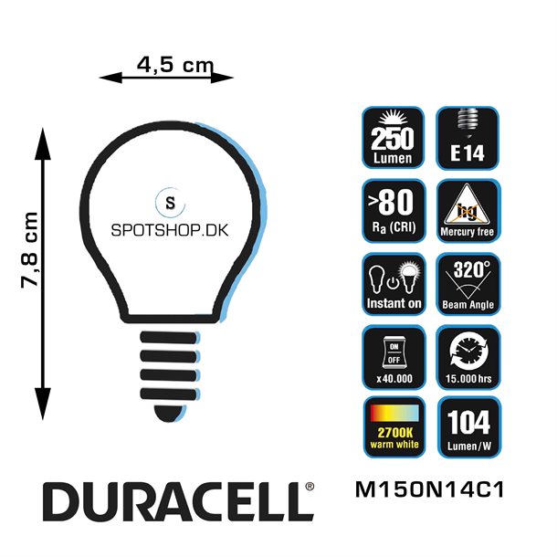 Duracell® LED filament - 1 stk. kronepære med E14 fatning på 250 lumen - (svarer til 25W) #M150N14C1  