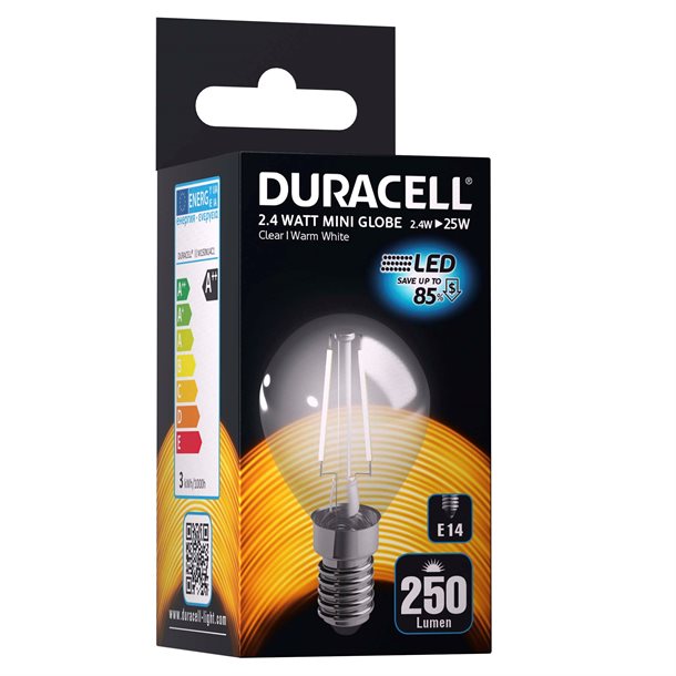 DuracellÂ® LED-filament - 1 stk. kronepære med E14 fatning 250 lumen - Indendørsbelysning > Pærer - DURACELL - Spotshop