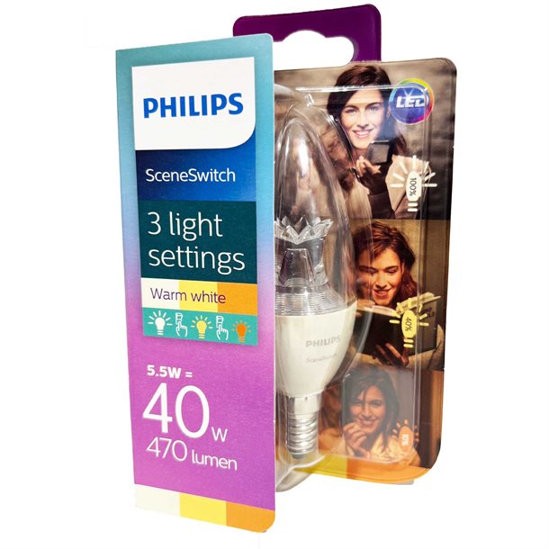 Philips Sceneswitch 3-trin dæmpbar LED kertepære E14 5,5 watt med 470 lumen (svare til 40W) 322263854802