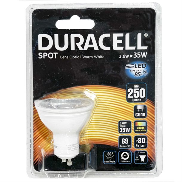 Duracell LED GU10 spot 250 lumen 3000 kelvin S100N10B1