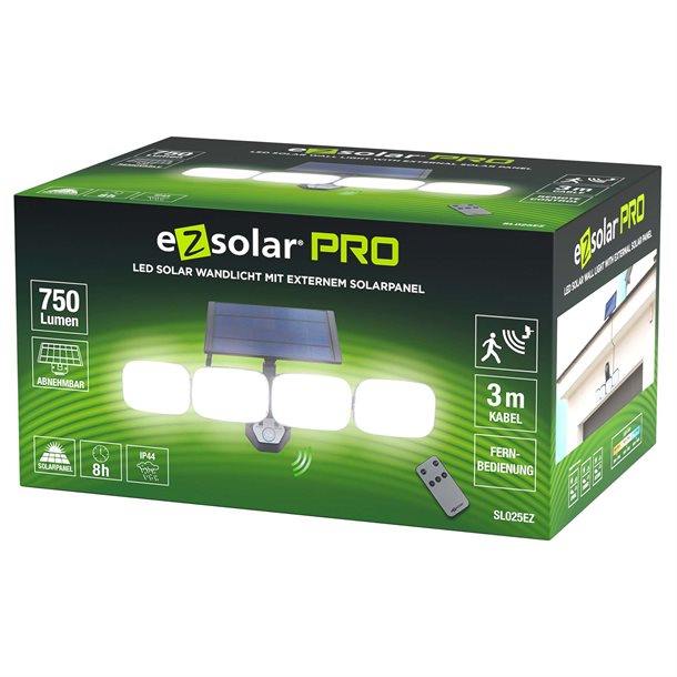 eZsolar PRO Sensorstyret solcelle spot 750 lumen med 4 LED paneler - Hvid SL025EZ